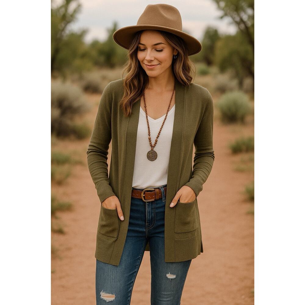 Pink Clover Olive Green Open Front Cardigan Viscose Sweater Minimalist BOHO Sm‎